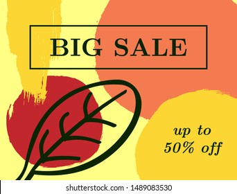 Abstract autumn watercolor background with text Big Sale Up To 50 % Off. Rectangular horizontal ad template. Sketch, watercolor, paint. Vector illustration.