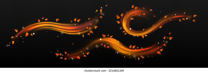 Abstract autumn wind swirls with yellow leaves png. Realistic vector illustration set isolated on transparent background. Magic golden air flow, flying yellow foliage, golden sparkles. Natural beauty