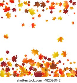 Abstract autumnal background with flying maple leaves. Fall season greeting card, poster, flyer. Vector illustration isolated on a white background.