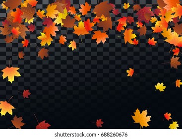 Abstract autumnal background with flying maple leaves. Fall season greeting card, poster, flyer. Vector illustration transparent background.