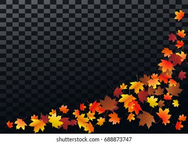 Abstract autumnal background with flying maple leaves. Fall season greeting card, poster, flyer. Vector illustration on transparent background.