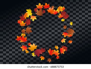 Abstract autumnal background with flying maple leaves. Fall season greeting card, poster, flyer. Vector illustration on transparent background.
