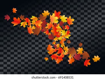Abstract autumnal background with flying maple leaves. Fall season greeting card, poster, flyer. Vector illustration transparent background.