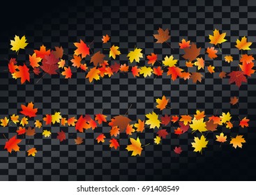 Abstract autumnal background with flying maple leaves. Fall season greeting card, poster, flyer. Vector illustration transparent background.