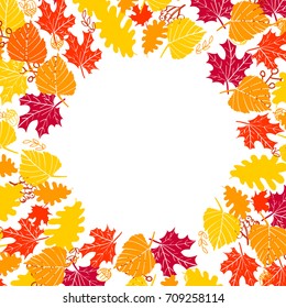 Abstract autumnal circle frame with fall autumn leaves. Fall season greeting card, poster, flyer, banner design template. Vector illustration.