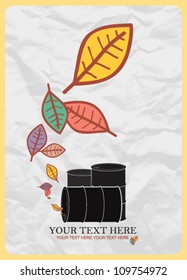 Abstract autumnal vector illustration with barrels and leafs.