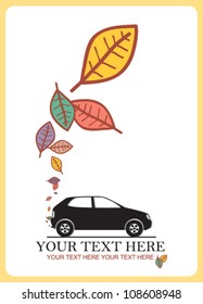 Abstract autumnal vector illustration with car and leafs.