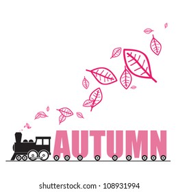 Abstract autumnal vector illustration with locomotive and leafs and letters