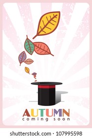 Abstract autumnal vector illustration with magic hat and leafs.