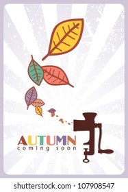 Abstract autumnal vector illustration with old meat-grinder and leafs.
