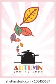 Abstract autumnal vector illustration with pan and leafs.