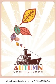 Abstract autumnal vector illustration with steamship and leafs.