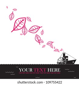 Abstract autumnal vector illustration with steamship and leafs.