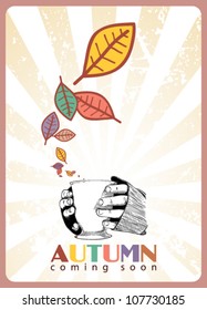 Abstract autumnal vector illustration with tea pot and leafs.