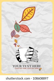 Abstract autumnal vector illustration with tea pot and leafs.