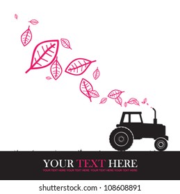 Abstract autumnal vector illustration with tractor and leafs.