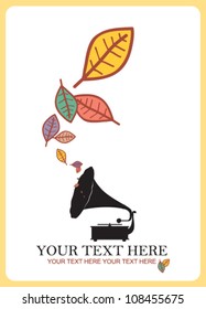 Abstract autumnal vector illustration with vintage gramophone and leafs.