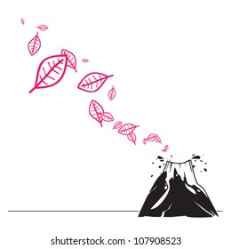 Abstract autumnal vector illustration with volcano and leafs.