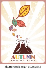 Abstract autumnal vector illustration with volcano and leafs.