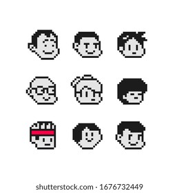 Abstract avatar faces, pixel art people  head characters set design, guy and girl, man with glasses, vector graphic minimalistic style  illustration. Design for game, sticker, app, web and logo.