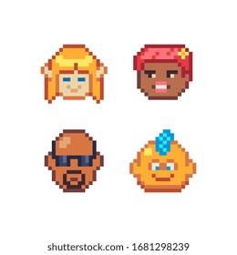 Abstract avatar faces, pixel art people head characters set design, guy and girl, man with glasses and baby, vector graphic minimalistic style  illustration. Design for game, sticker, app, web app.