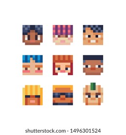 Abstract avatar profile faces, pixel art people characters set design, funny guy, man in sunglasses, girl and boy colorful vector graphic minimalistic style illustration. Design for sticker, web, logo