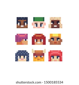 Abstract avatar profile faces, pixel art people characters set design, funny guy, man and woman, girl and boy colorful vector graphic minimalistic style illustration. Design for sticker, web, logo