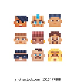 Abstract avatar profile faces, pixel art people characters set design, funny guy, man and woman, girl and boy colorful vector graphic minimalistic style illustration. Design for sticker, web, logo