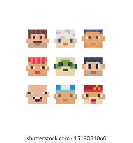 Abstract avatar profile faces, pixel art people characters set design, funny guy, man and boy colorful vector graphic minimalistic style illustration. Design for sticker, web, logo
