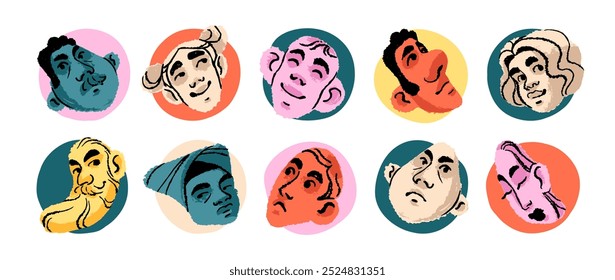 Abstract avatars with round shape set. Happy, sad, angry faces in circle frames. Peoples' heads with different emotions, facial expressions. Flat isolated vector illustrations on white background