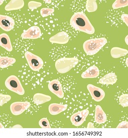 Abstract avocado seamless pattern on green background. Vegetarian healthy food backdrop. Design for fabric, textile print, wrapping paper, kitchen textiles. Modern vector illustration