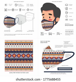 Abstract, Aztec Ethnic Print Colorful Background Pattern Seamless Design for Face Mask, Pillow, Print, Fashion, Clothing, Fabric, Gift Wrap. Mockup Template Protective Face Mask Seamless Print, Vector