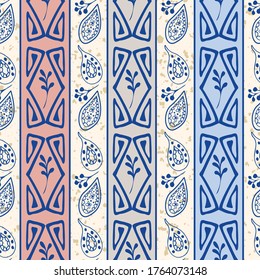 Abstract aztec and Paisley seamless vector pattern background. Striped backdrop with inky blue hand drawn drawn motifs. .Decorative design. Geometric ethnic repeat for environment friendly packaging