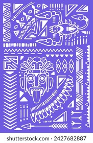 Abstract Aztec traditional symbols, cultural elements. Tribal ornament in boho style. Ancient print, pattern on wall art. Violet poster, background with ethnic animal shapes. Flat vector illustration