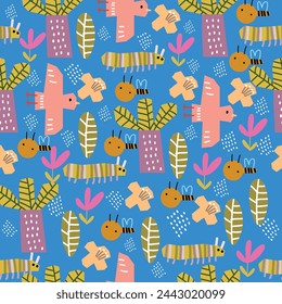 abstract  baby animals and flowers pattern. Vector illustration with cute animalsand floral. Nursery baby illustration