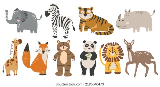 Abstract baby animals set, boho baby animals collection, funny animals vector, jungle animal set