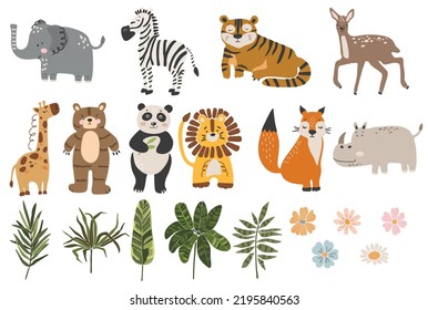 Abstract baby animals set, boho baby animals collection, funny animals vector, tropical leaves, jungle animal set