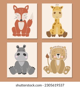 Abstract baby animals set, boho baby animals collection, funny animals vector