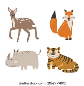 Abstract baby animals set vector, Tiger, deer, hippo and fox animals vector illustration, Baby elements isolated set