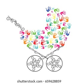 Abstract baby carriage from hands. Vector illustration