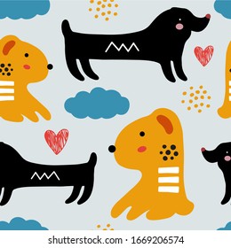 Abstract baby pattern with cute dog. Animal seamless cartoon illustration. Vector digital background with character art