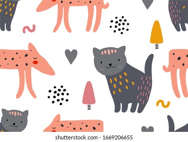 Abstract baby pattern with cute dog. Animal seamless cartoon illustration. Vector digital background with character art