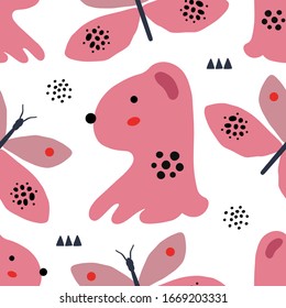Abstract baby pattern with dog. Cute animal seamless cartoon illustration. Vector digital background with character art
