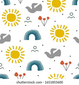 Abstraktes Babymuster mit Sonne, Natur, Regenbogen im skandinavischen Stil. Dekor der Kids-Collage. Vektorillustration