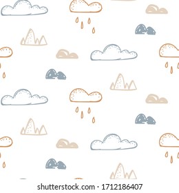 Abstract baby seamless neutral pattern with clouds. Kids hand drawn cloudy sky texture on white background texture.