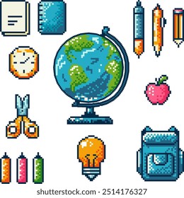 Abstract back to school supplies pixelated icons. Retro 8 bit pixel art icon set, university, education items.