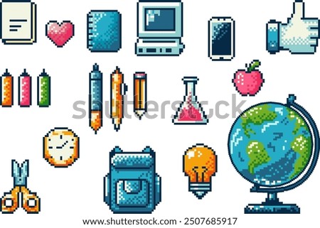 Abstract back to school supplies pixelated icons. Retro 8 bit pixel art icon set, university, education items.