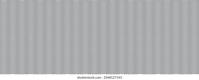 Abstract backdrop of black wavy lines. Curved horizontal psychedelic stripes. Optical illusion of motion and flow. Retro vector illustration on white background