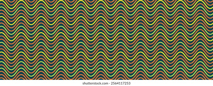 Abstract backdrop of colored wavy lines. Curved horizontal psychedelic stripes. Optical illusion of motion and flow. Retro vector illustration in orange, green and yellow on dark background