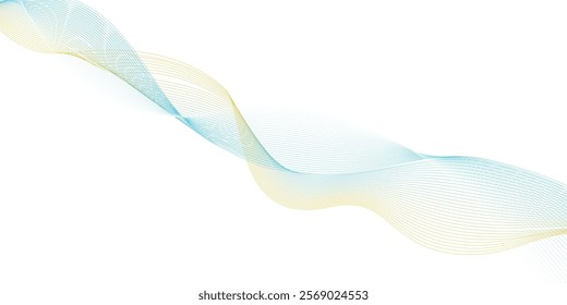 Abstract backdrop with colorful wave lines on white background. Waves in shades of blue and yellow merge smoothly, creating a dreamy ambiance with a perfect blend of fluidity and artistic expr